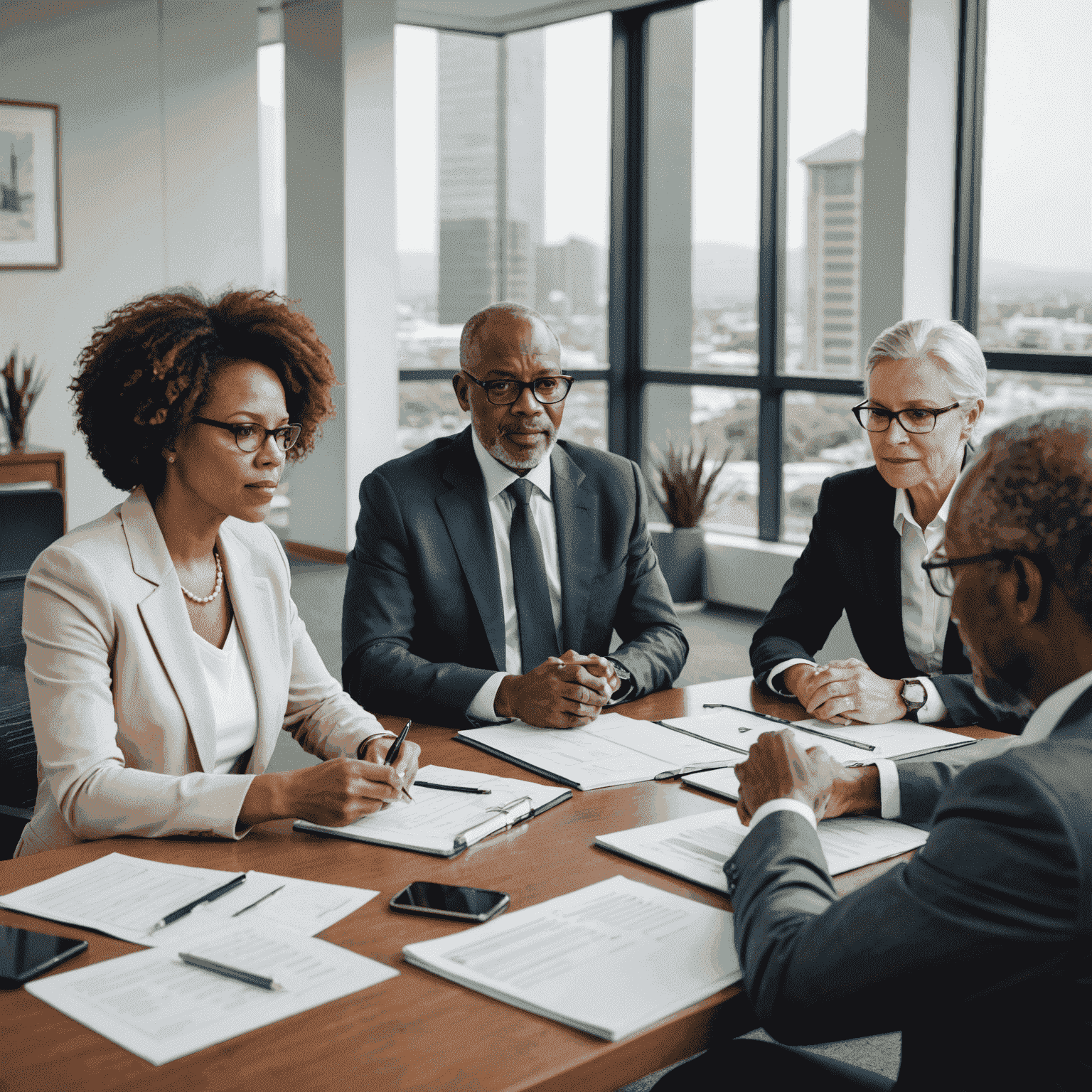 A group of financial advisors discussing Financial planning strategies and investment options with clients in a professional office setting in South Africa