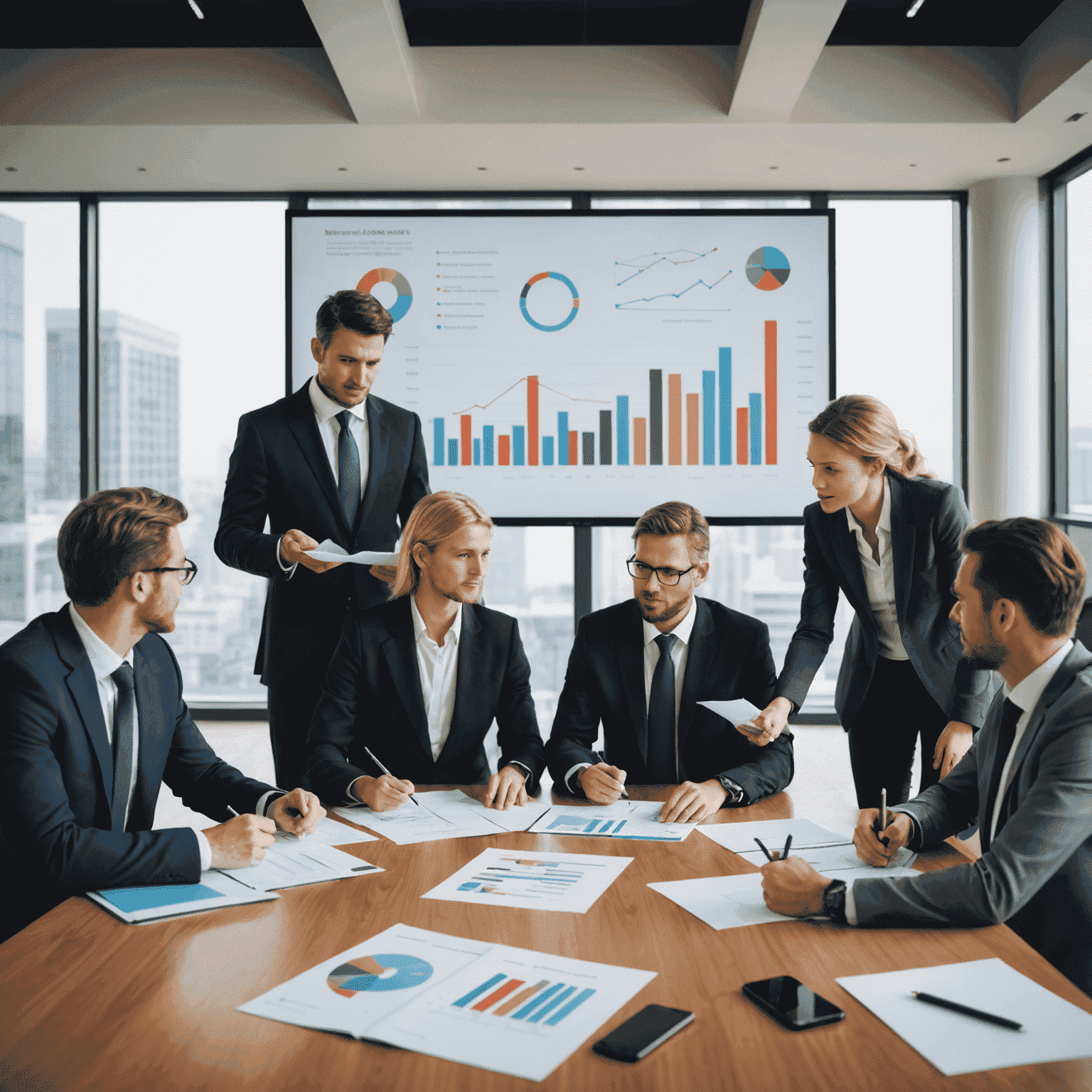 A group of business professionals discussing a strategic plan around a conference table, with charts and graphs displayed on a screen in the background.