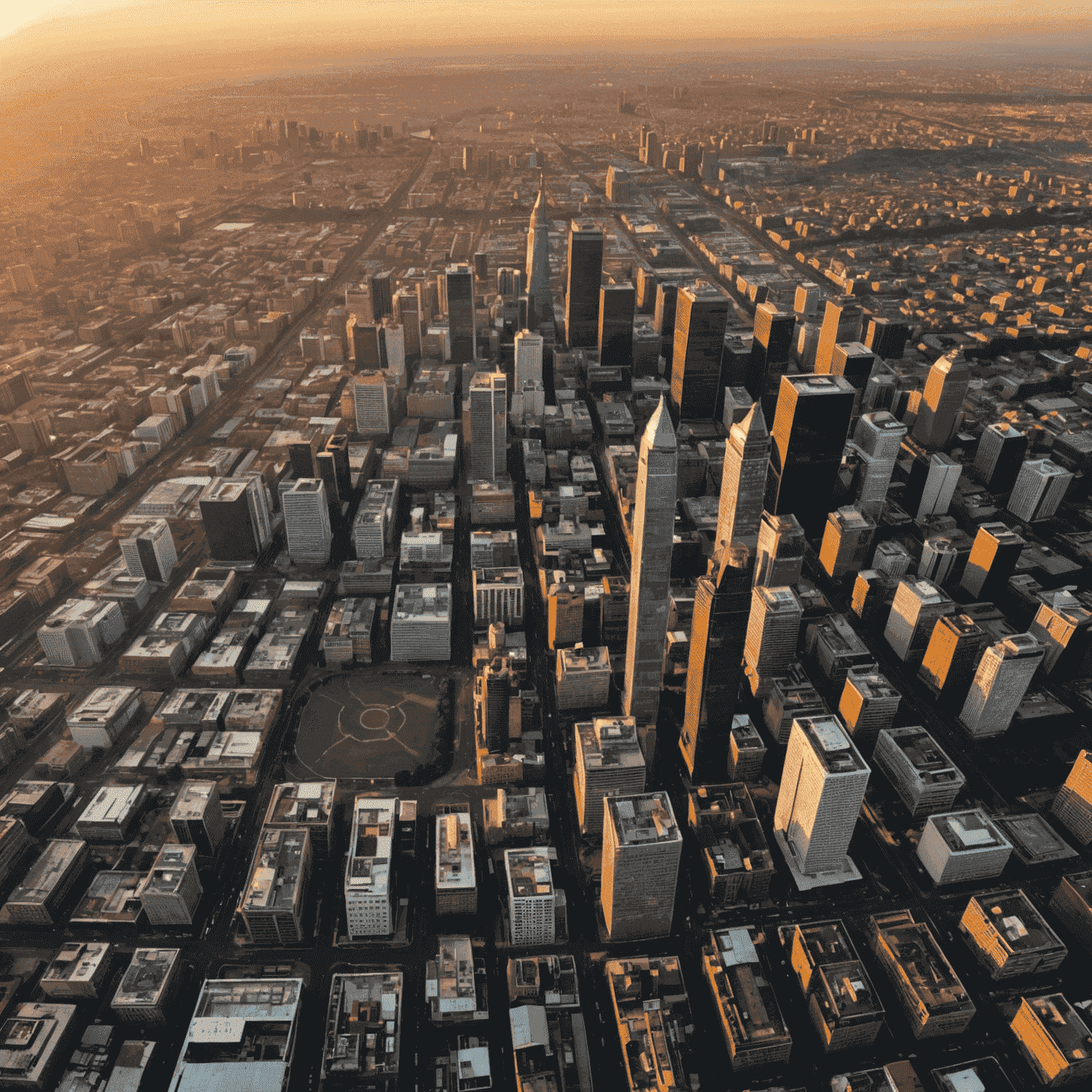 Aerial view of Johannesburg city skyline at sunset, South Africa