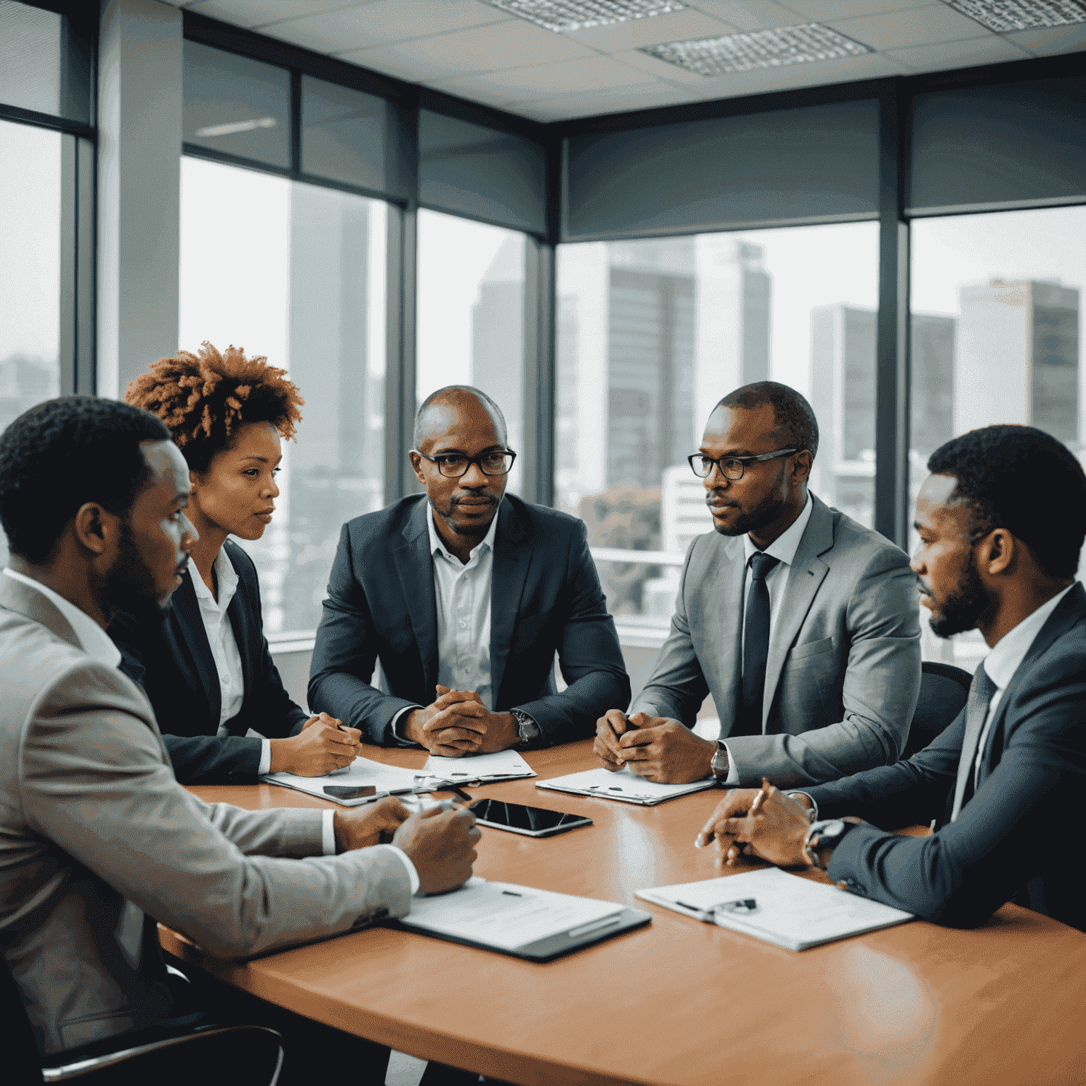 South African business professionals in a meeting room discussing technology strategies