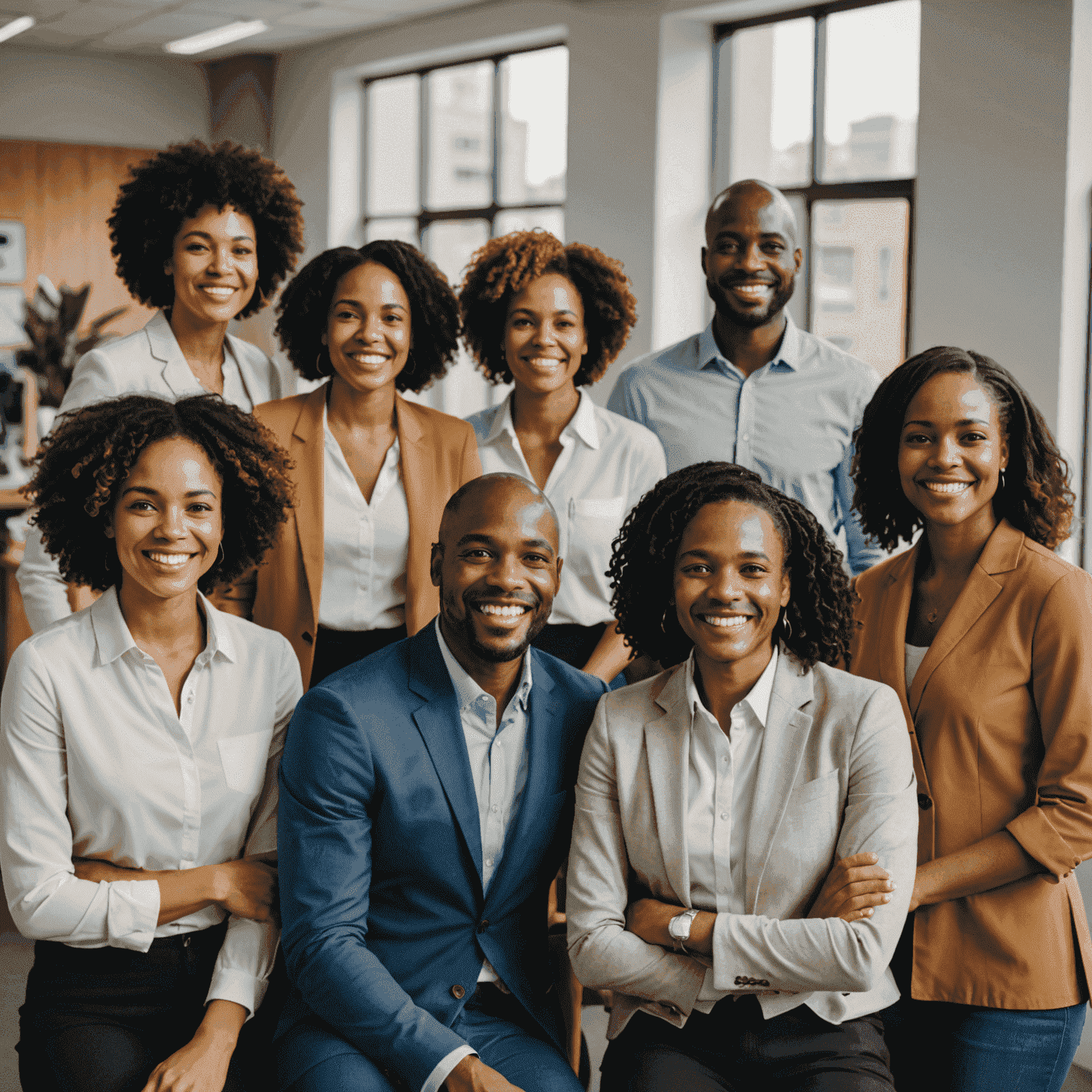 Diverse group of smiling South African employees gathered together in an office, representing a positive corporate culture