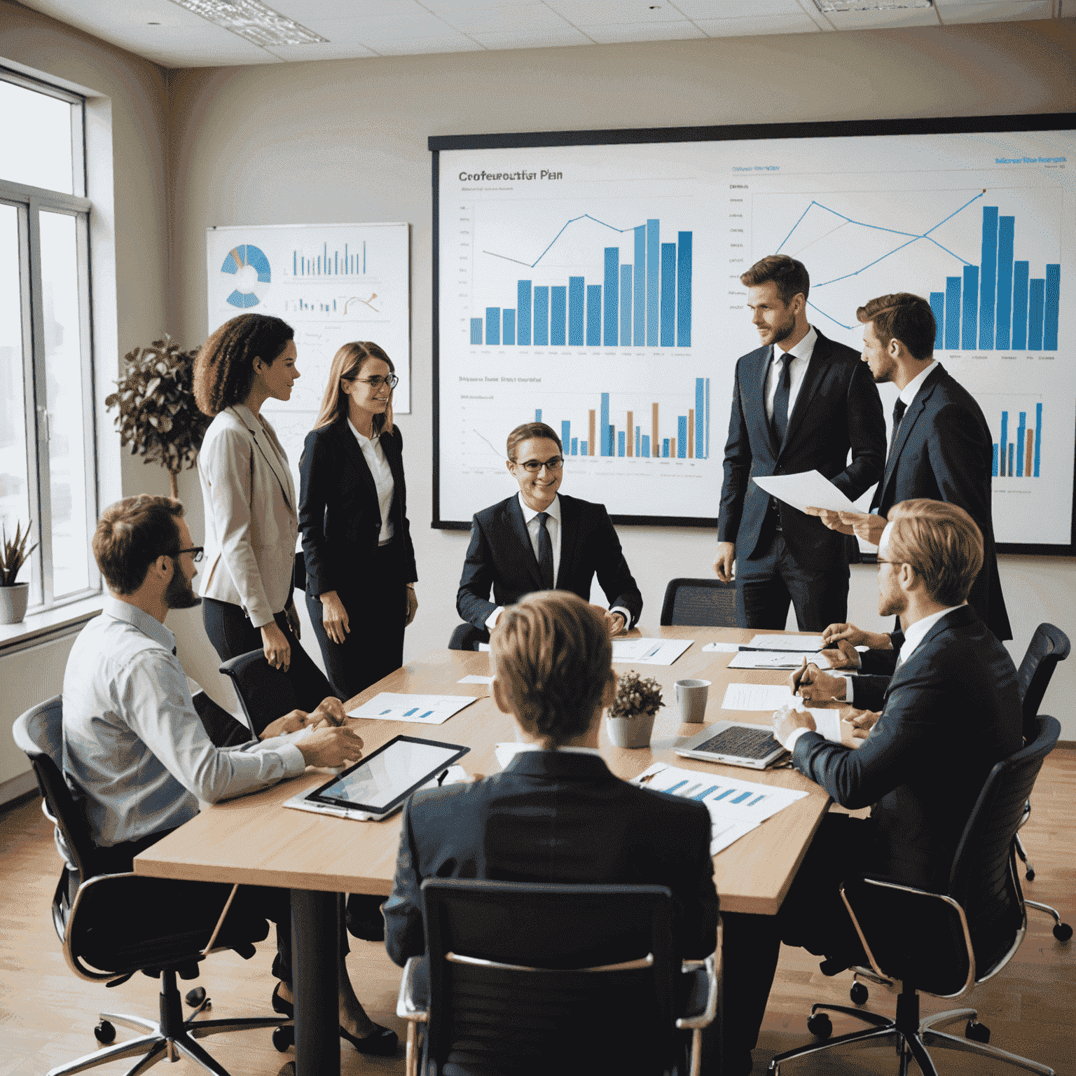 A group of business professionals discussing a strategic plan around a conference table, with charts and graphs displayed on a screen in the background.