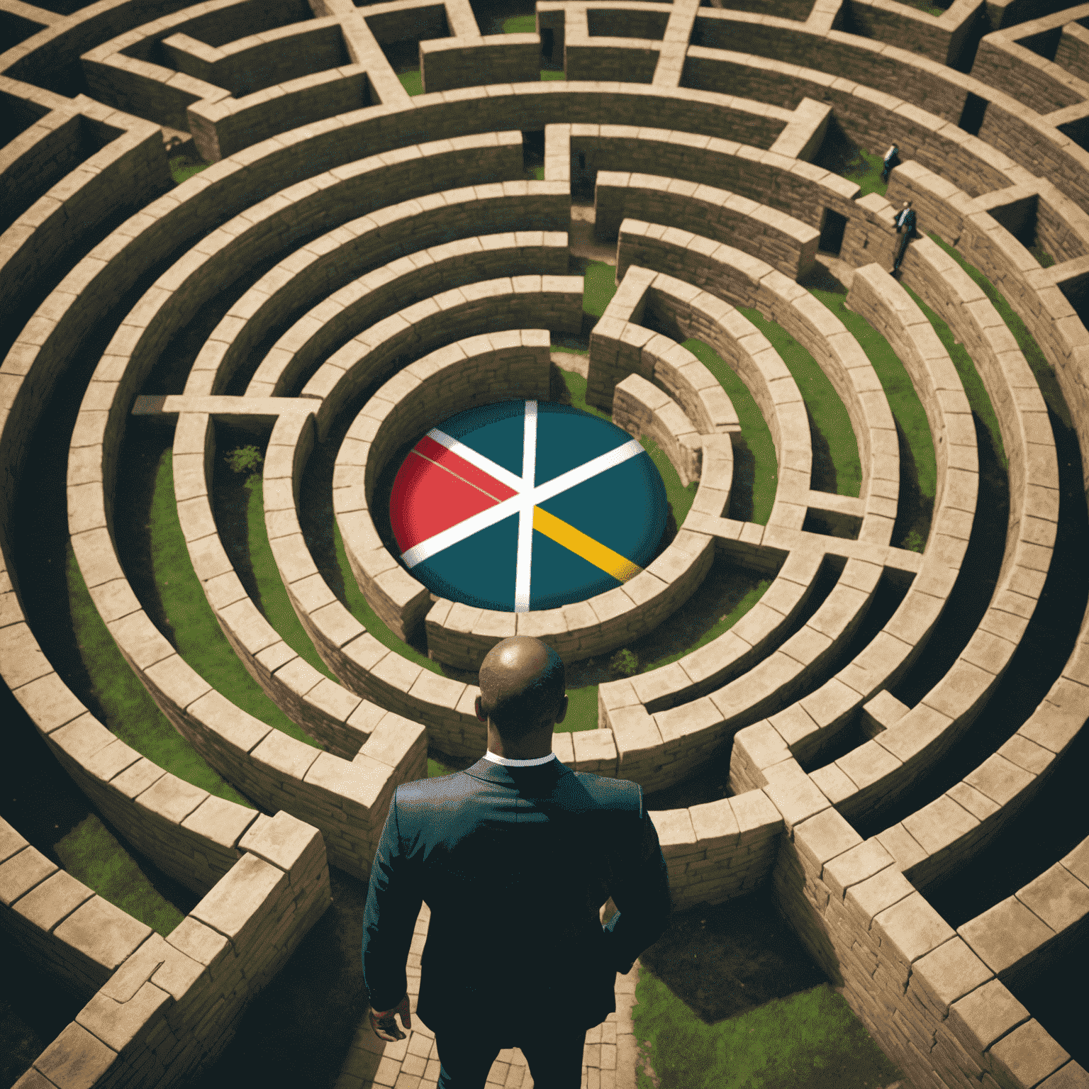 A businessman navigating a maze, symbolizing the challenges of doing business in South Africa, with the South African flag in the background.