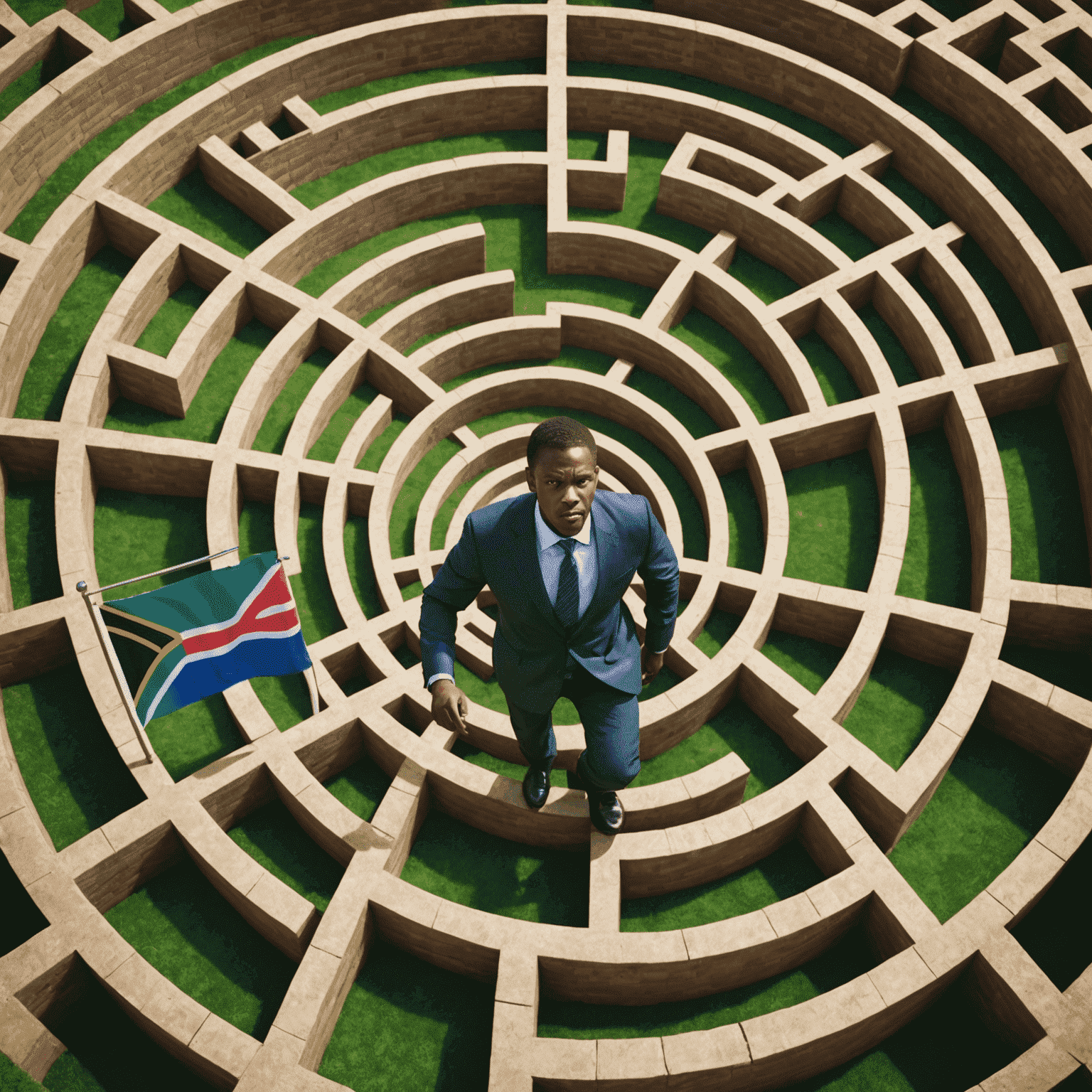 A businessman navigating a maze, symbolizing the challenges of doing business in South Africa, with the South African flag in the background.