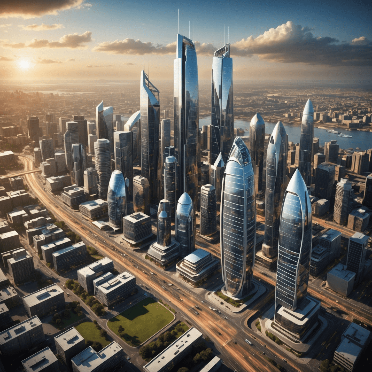 A futuristic cityscape with advanced technology integrated into buildings and infrastructure, representing the competitive advantage technology can provide for South African businesses.