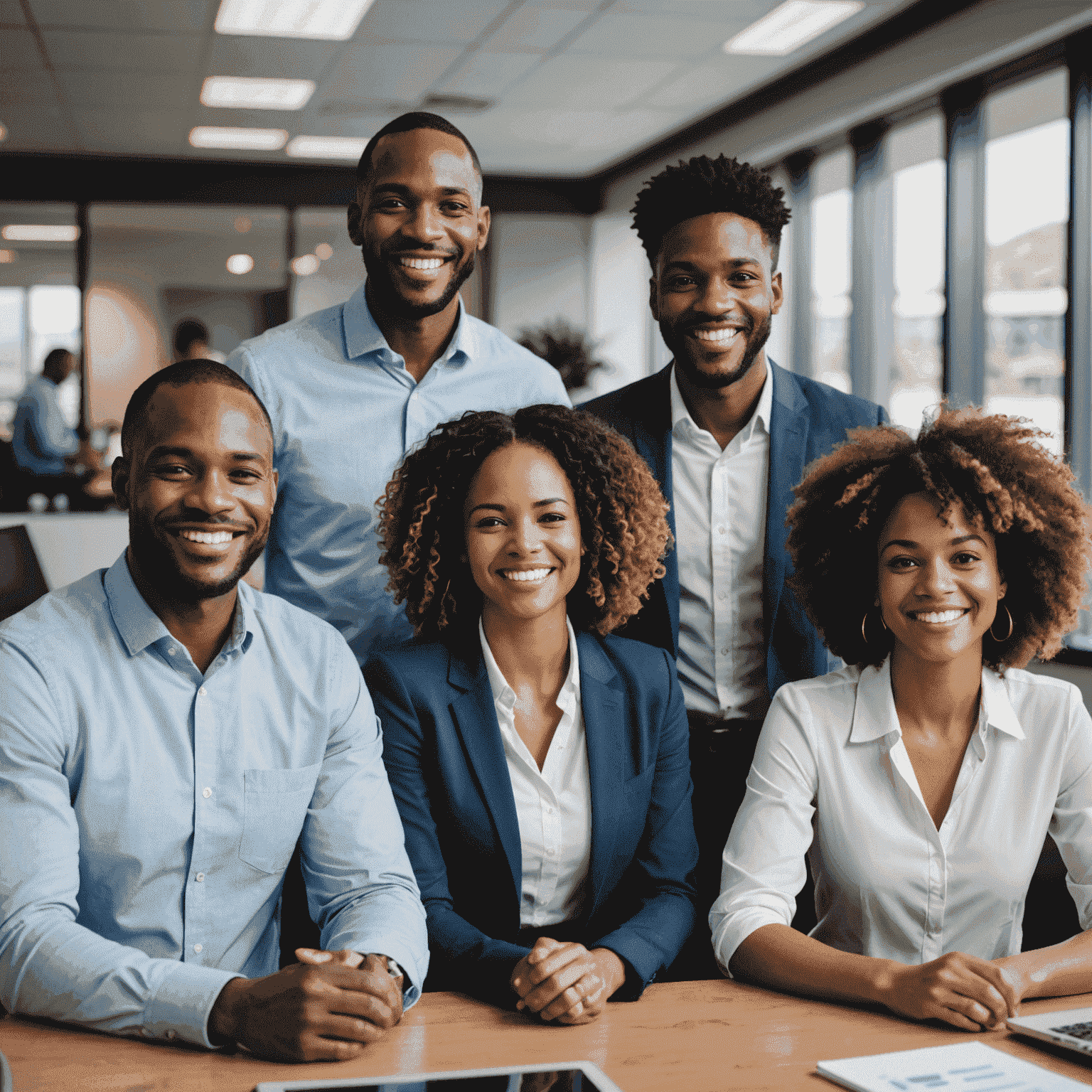 A diverse group of smiling employees working together in a modern South African office, showcasing a strong and positive corporate culture.